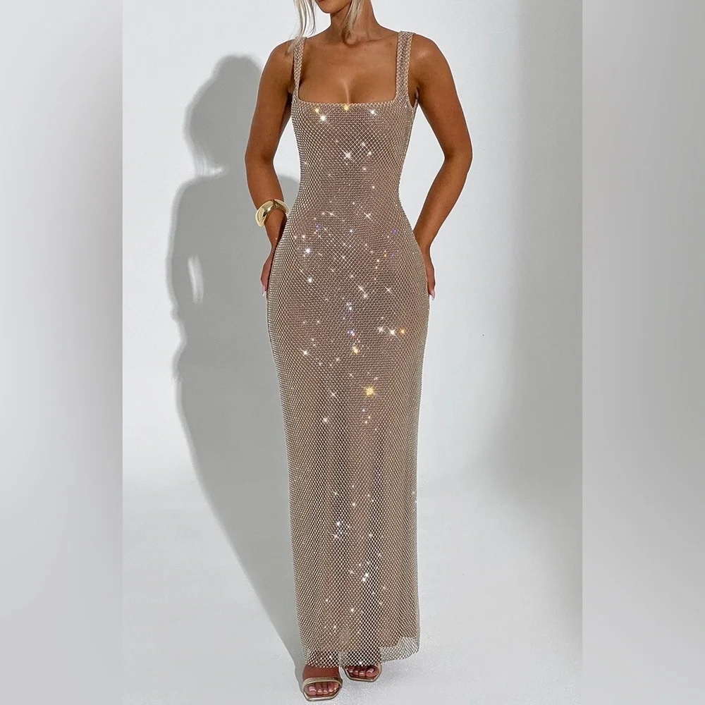 Embellished Square-Neck Maxi Dress in Champagne - Picture 4 of 6